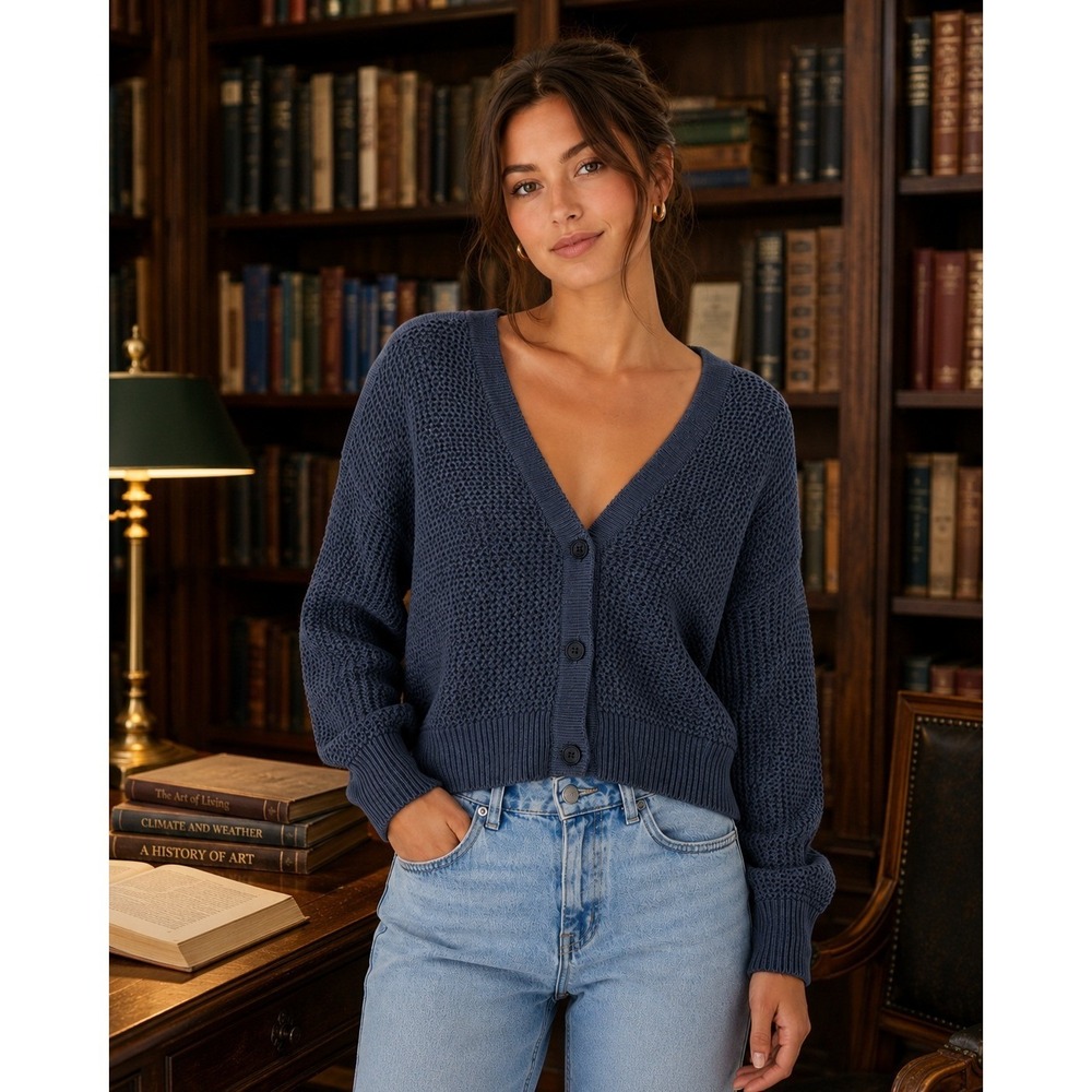 Elizabeth and James Cardigan Women XXL Blue Mesh Open Knit V-Neck Button Front